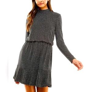 City Studio Black/Silver Shimmer Dress-Long Sleeve, Key Hole Open at Neck XL